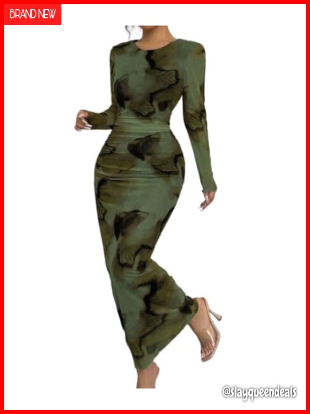 Long Sleeve Bodycon Mesh Maxi Dress Tie Dye Ruched Party